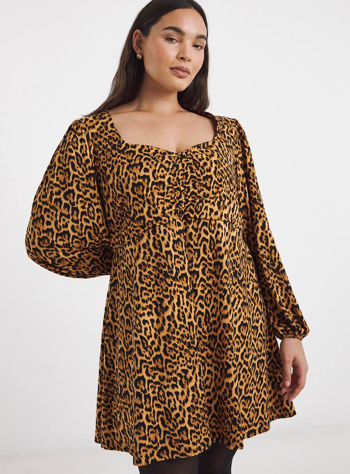 SIMPLY BE Supersoft Sweetheart Neck Leopard Print Skater Dress 10 - Image 1